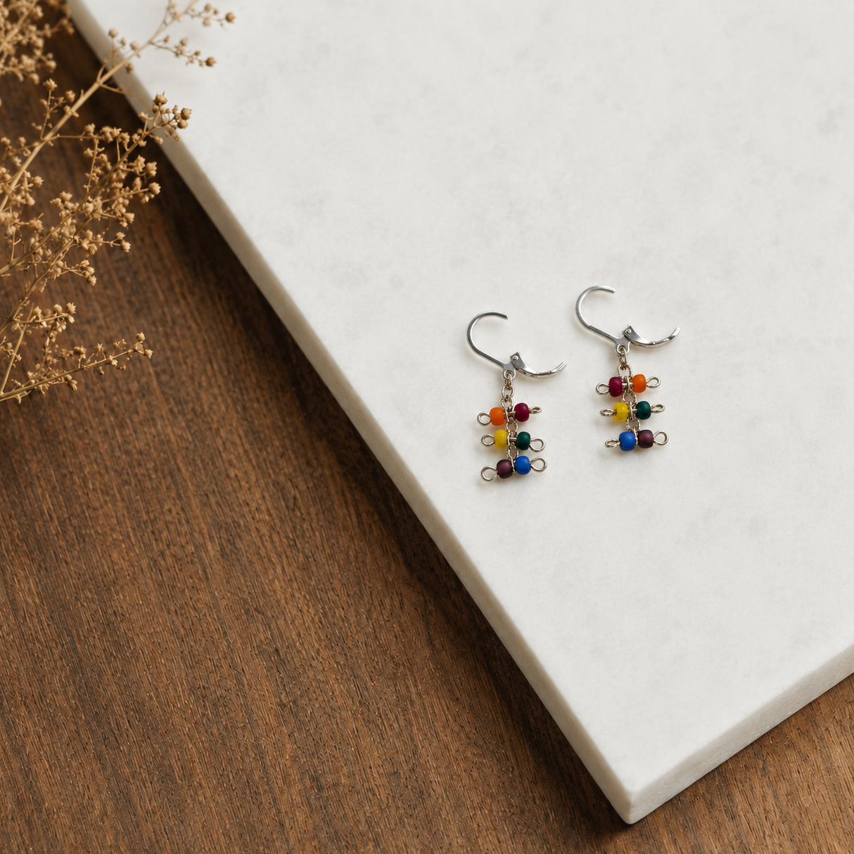 Contemporary Artisan Boho Pride Rainbow Matte Seed Bead Chain Earrings, 1 1/2"