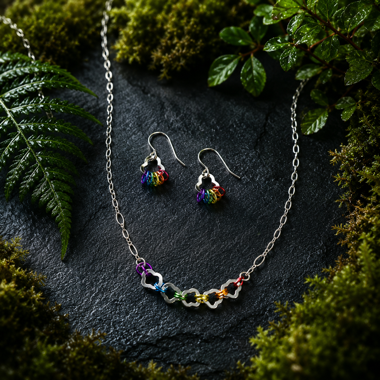 Contemporary Artisan Boho Pride Rainbow Sterling Silver Necklace & Earring Set, 18 3/4"