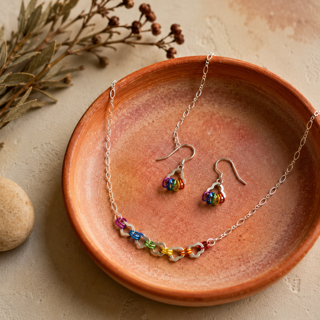Contemporary Artisan Boho Pride Rainbow Sterling Silver Necklace & Earring Set, 18 3/4"