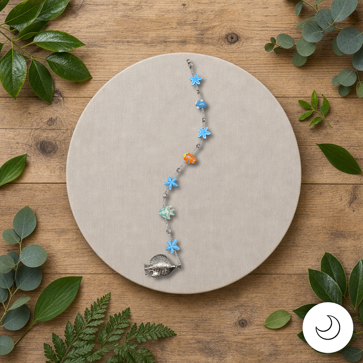 Contemporary Artisan Coastal Ocean Fish Starfish Ceramic Fan Pull Chain, 13 3/4"