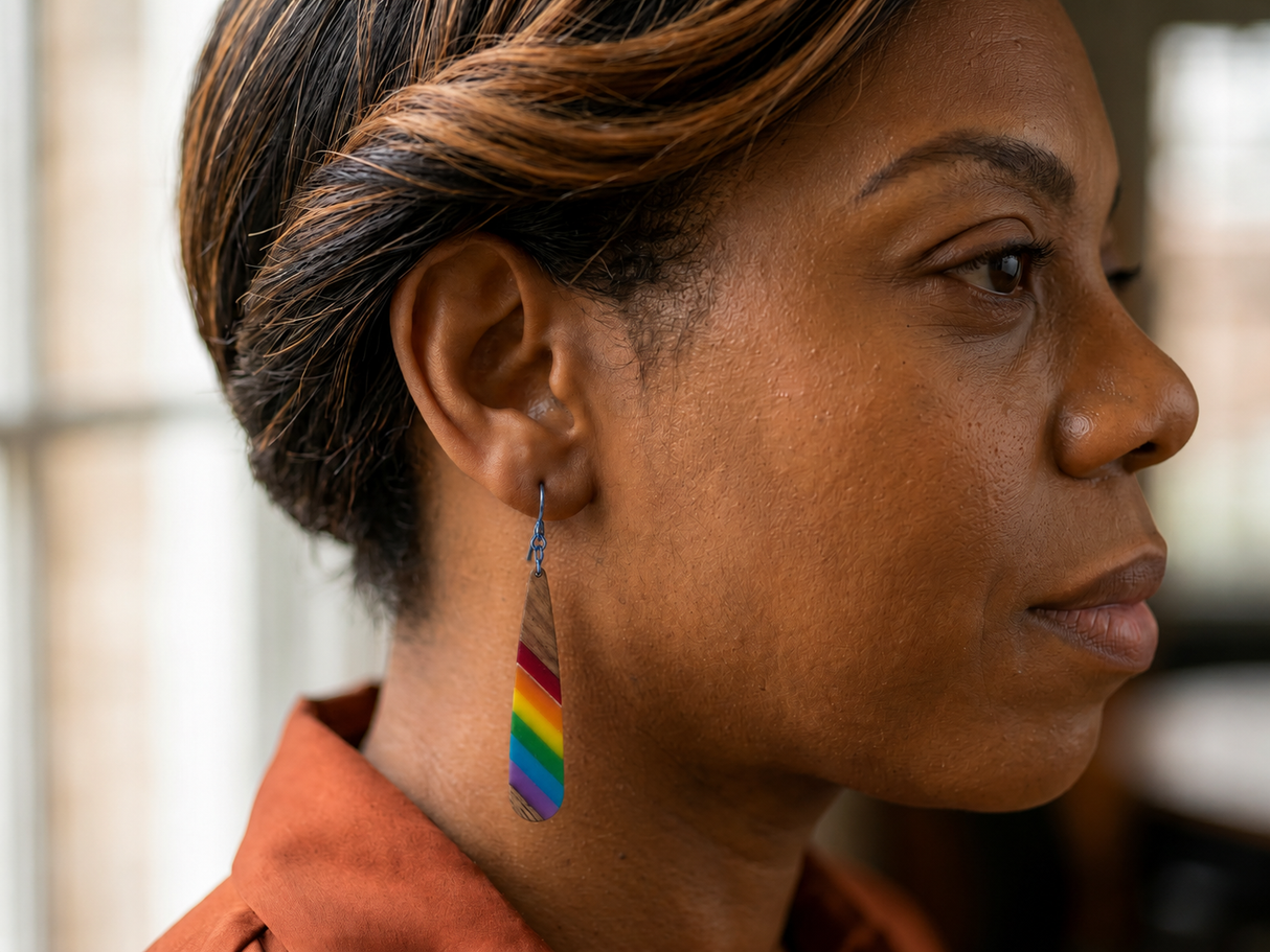 Pride Earrings: Real Wood, Enameled Rainbow Colors on Hypoallergenic Niobium Wires