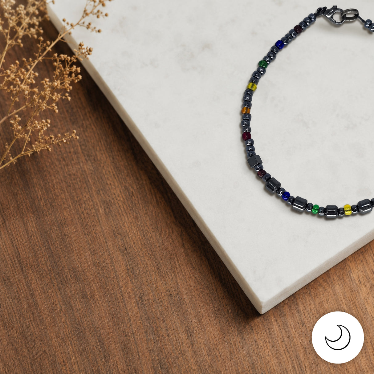 Contemporary Artisan Boho Pride Rainbow Glass & Hematite Bracelet, 7 5/8 Inches