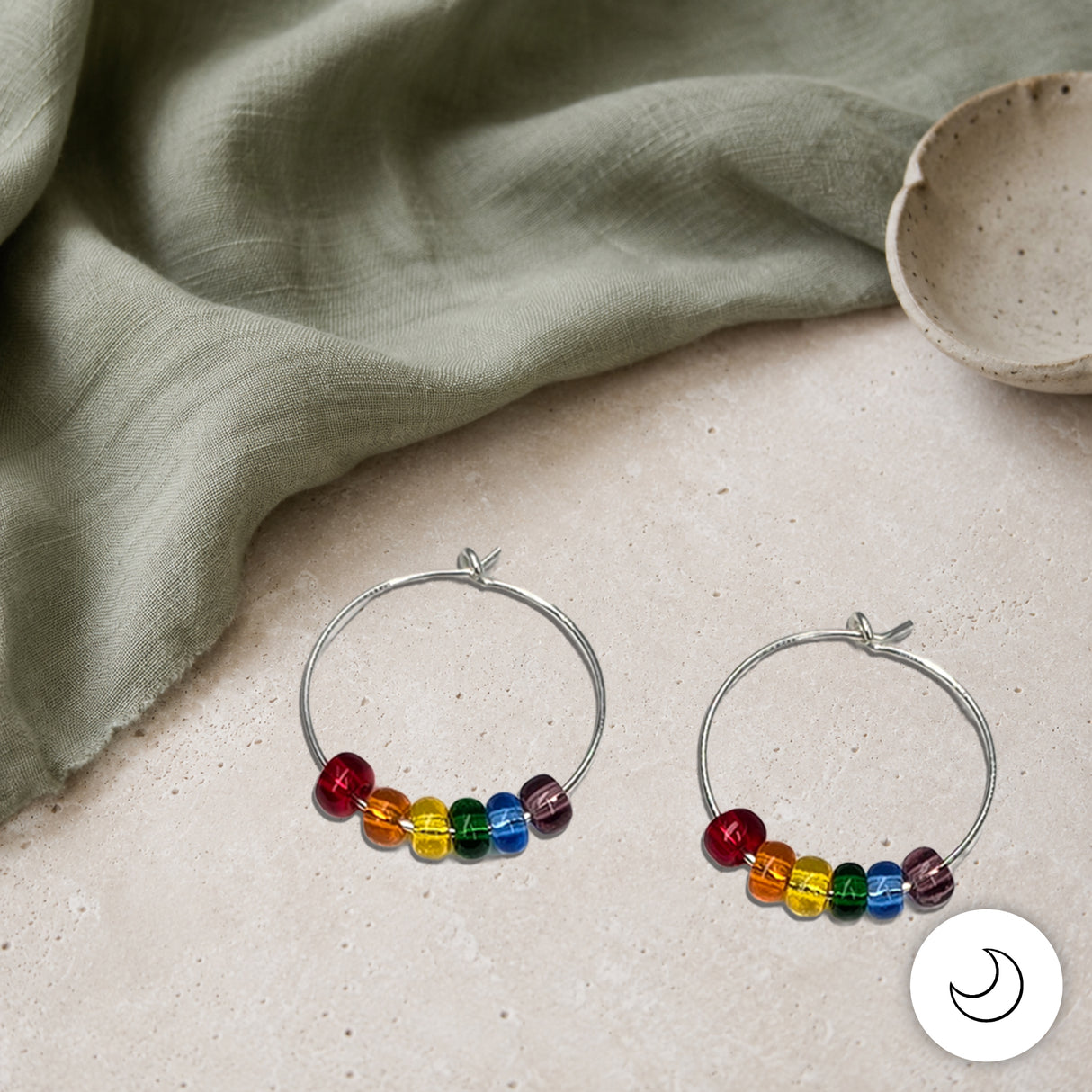 Contemporary Artisan Boho Pride Rainbow Glass Sterling Silver Hoop Earrings