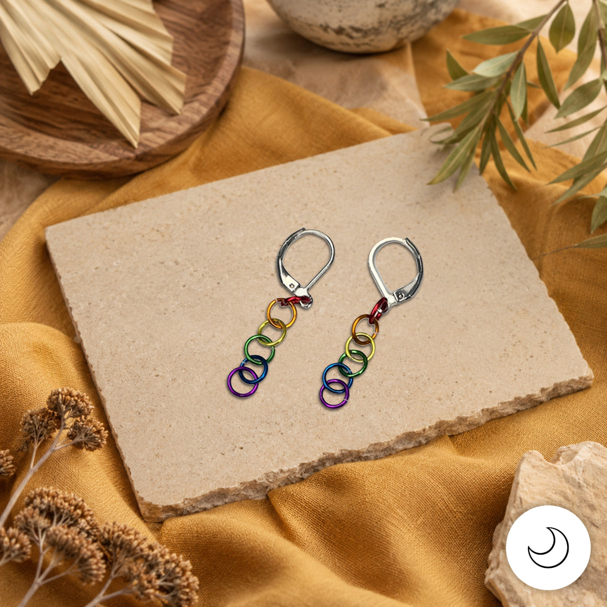 Contemporary Artisan Boho Pride Rainbow Stainless Steel Leverback Earrings, 1 1/2"