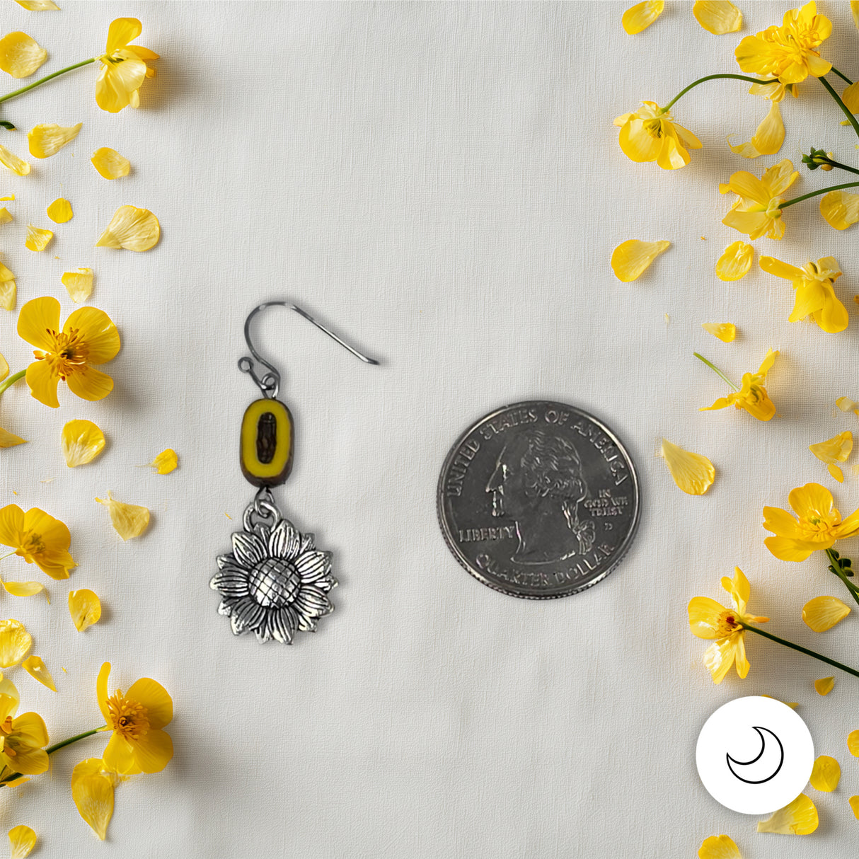 Contemporary Artisan Yellow Brown Picasso Glass Silver Daisy Drop Earrings, 1 1/2"