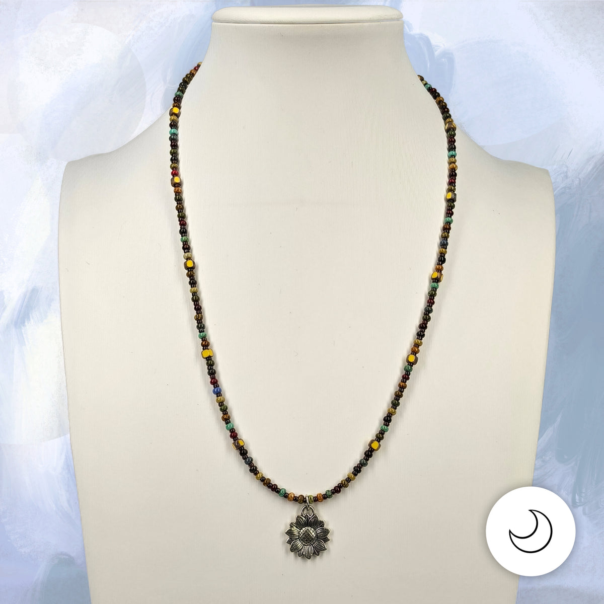 Honeyfield Harvest Necklace: Picasso Glass Seed Bead Necklace with Silver-Toned Flower Charm
