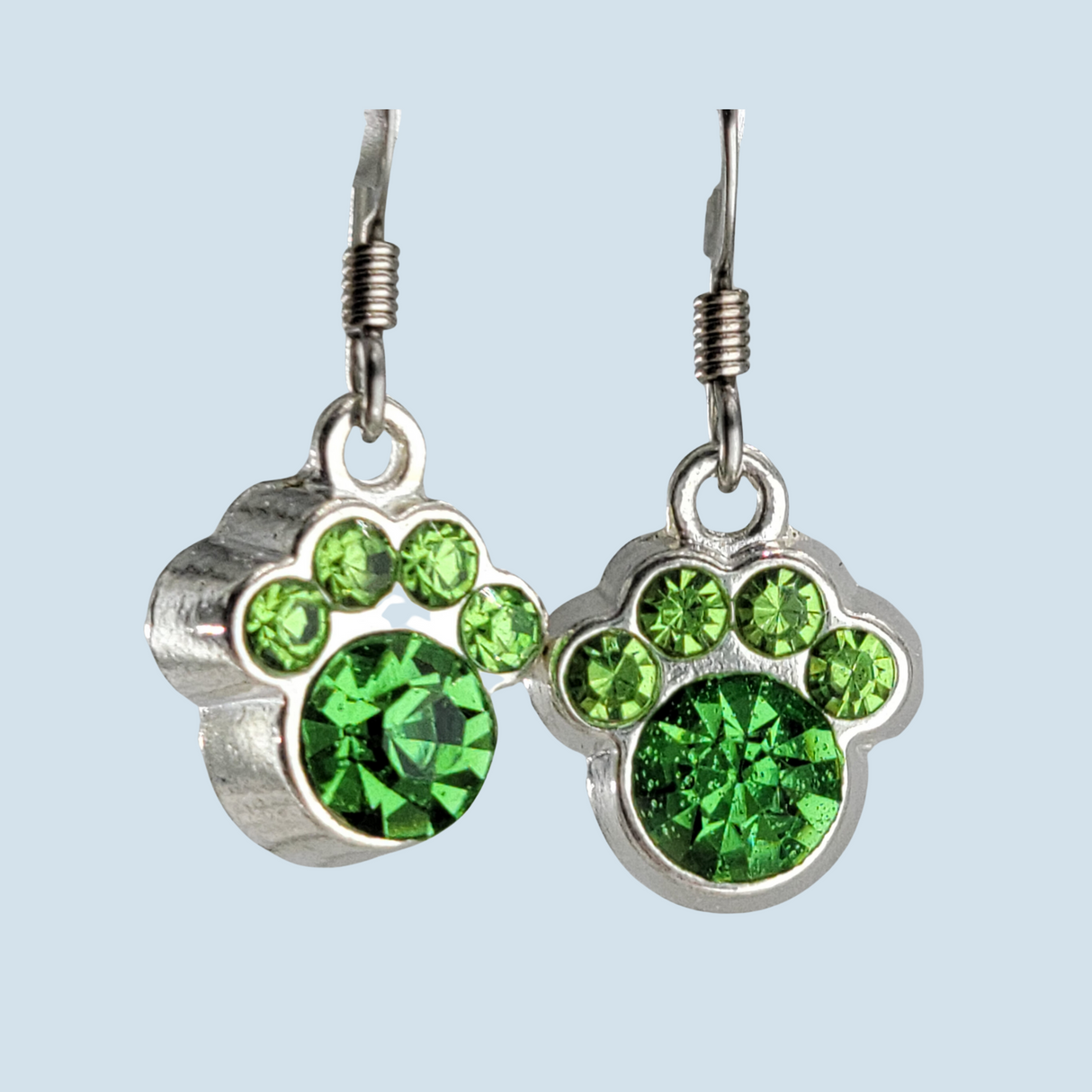 Sparkling Light Green Paw Print Charms: Hypoallergenic Surgical Steel Earrings for Sensitive Ears