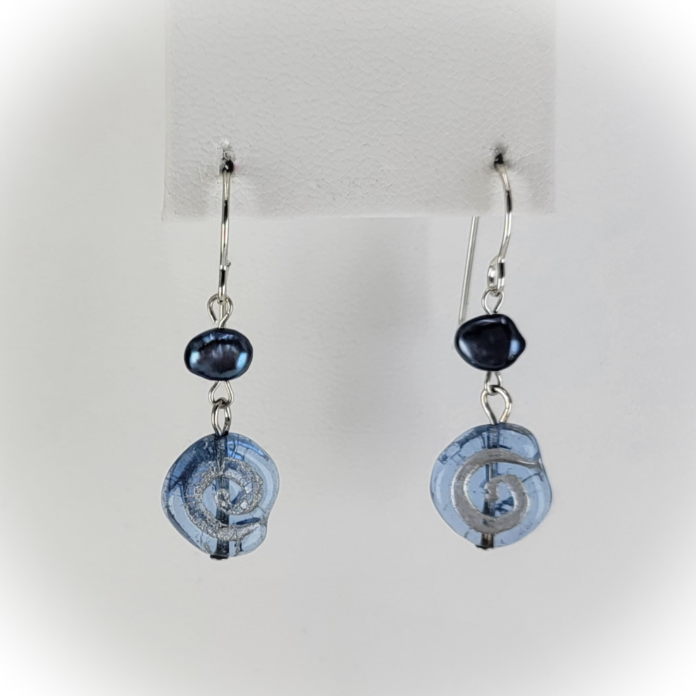 Handmade sterling silver earrings with blue freshwater pearls and blue glass bead etched with spirals