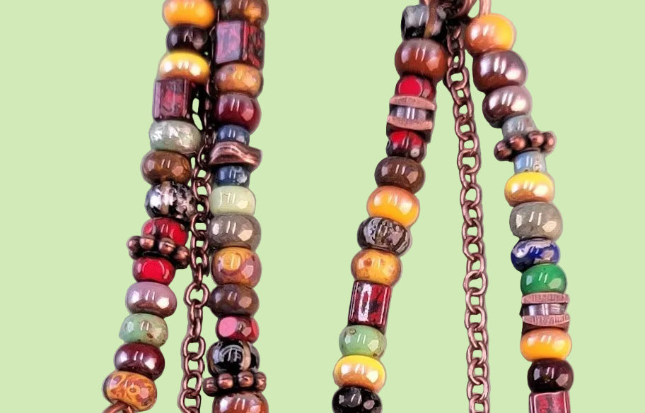 Handmade hypoallergenic colorful boho earrings with copper charm and chain accents