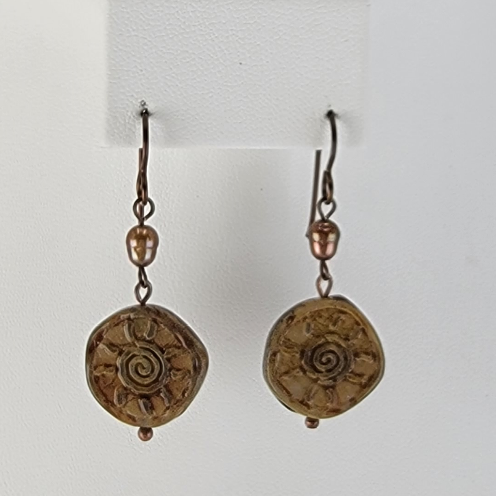 Earrings - Picasso Glass Coin Charms in Bronze with Raised 
