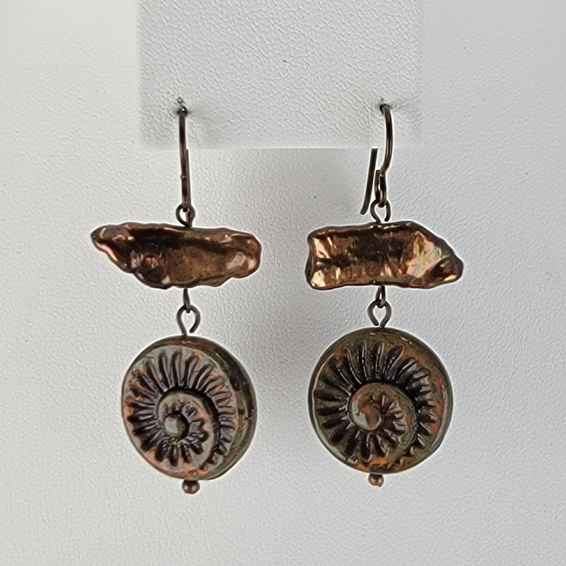 Earrings - Picasso Glass Nautilus Charms in Bronze with Biwa