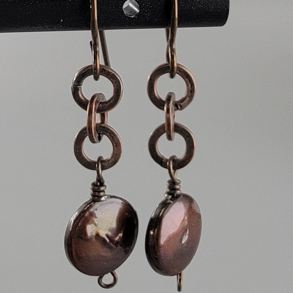 Earrings - Rich Brown Freshwater Pearl Coins with Antiqued 