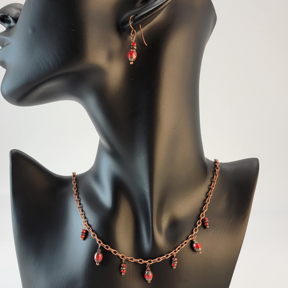 Earthy Copper Chain Necklace and Earring Set with Deep Red