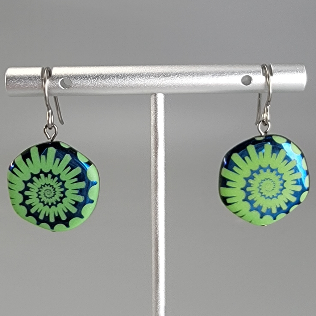 Far Out Spiral Earrings - Laser Etched Czech Glass Olive 