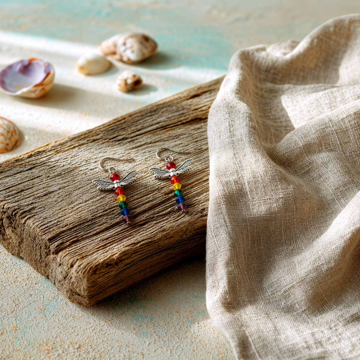 Handmade Crystal Bead Dragonfly Earrings, Pewter, Rainbow Crystals