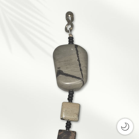 Fan or Light Pull - Agate in Grey, Tan, Black, and Brown with Matte Black Czech Glass