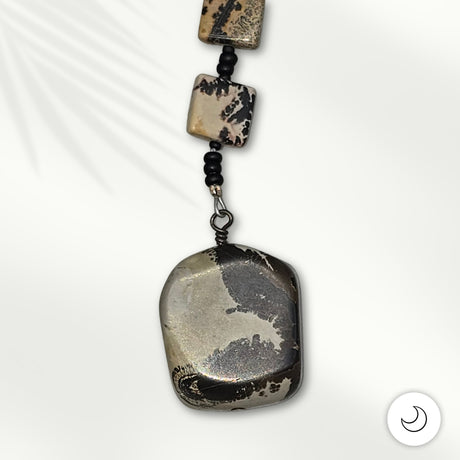 Fan or Light Pull - Agate in Grey, Tan, Black, and Brown with Matte Black Czech Glass