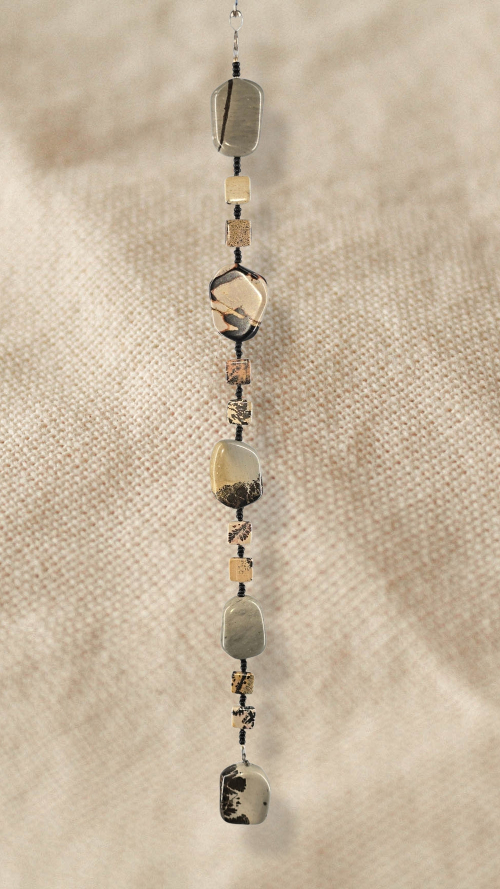 Fan or Light Pull - Agate in Grey, Tan, Black, and Brown with Matte Black Czech Glass