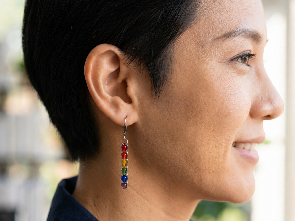 Contemporary Artisan Boho Pride Rainbow Stainless Steel Lever-back Earrings, 2 1/4"