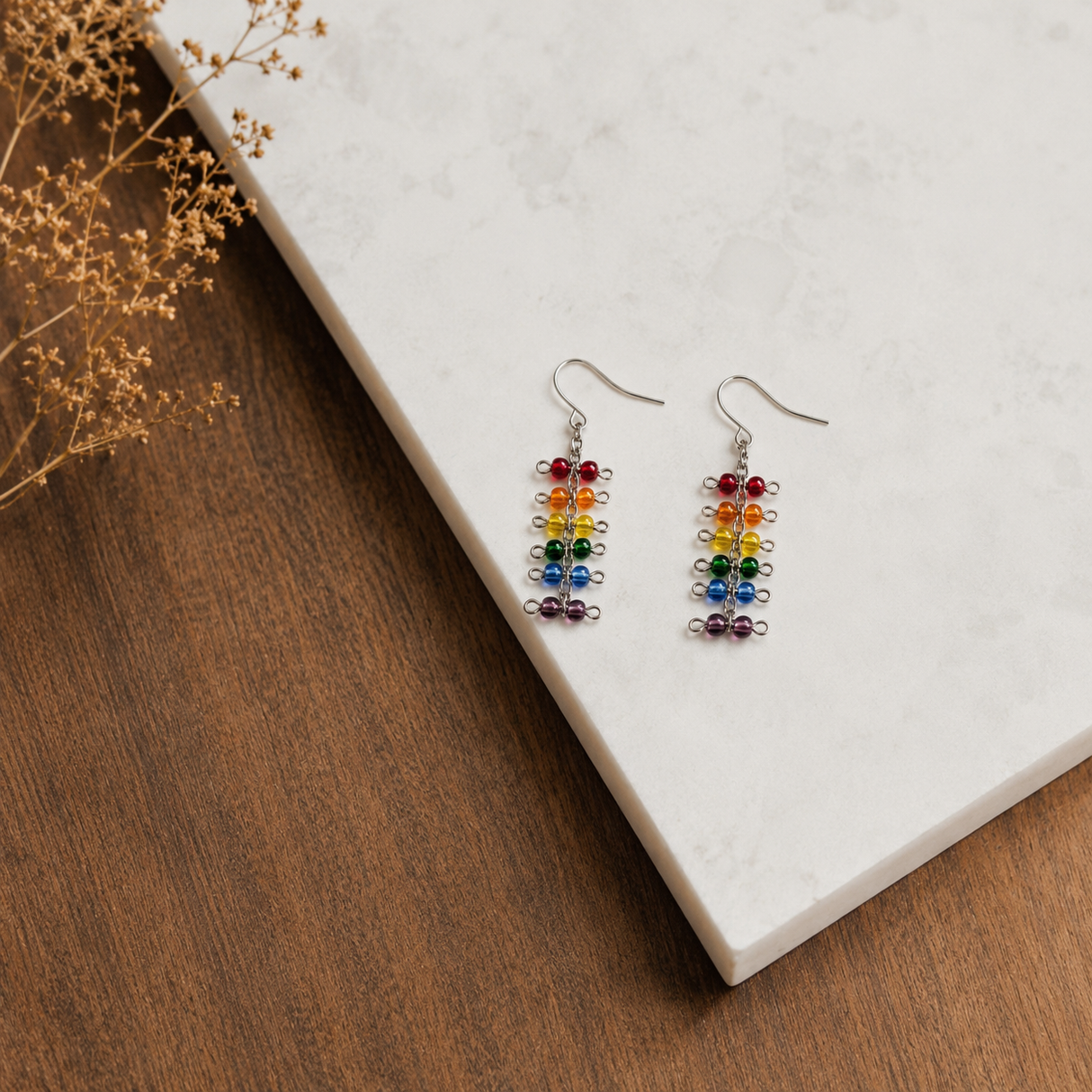 Contemporary Artisan Pride Rainbow Glass Bead Barbell Chain Earrings, 2"
