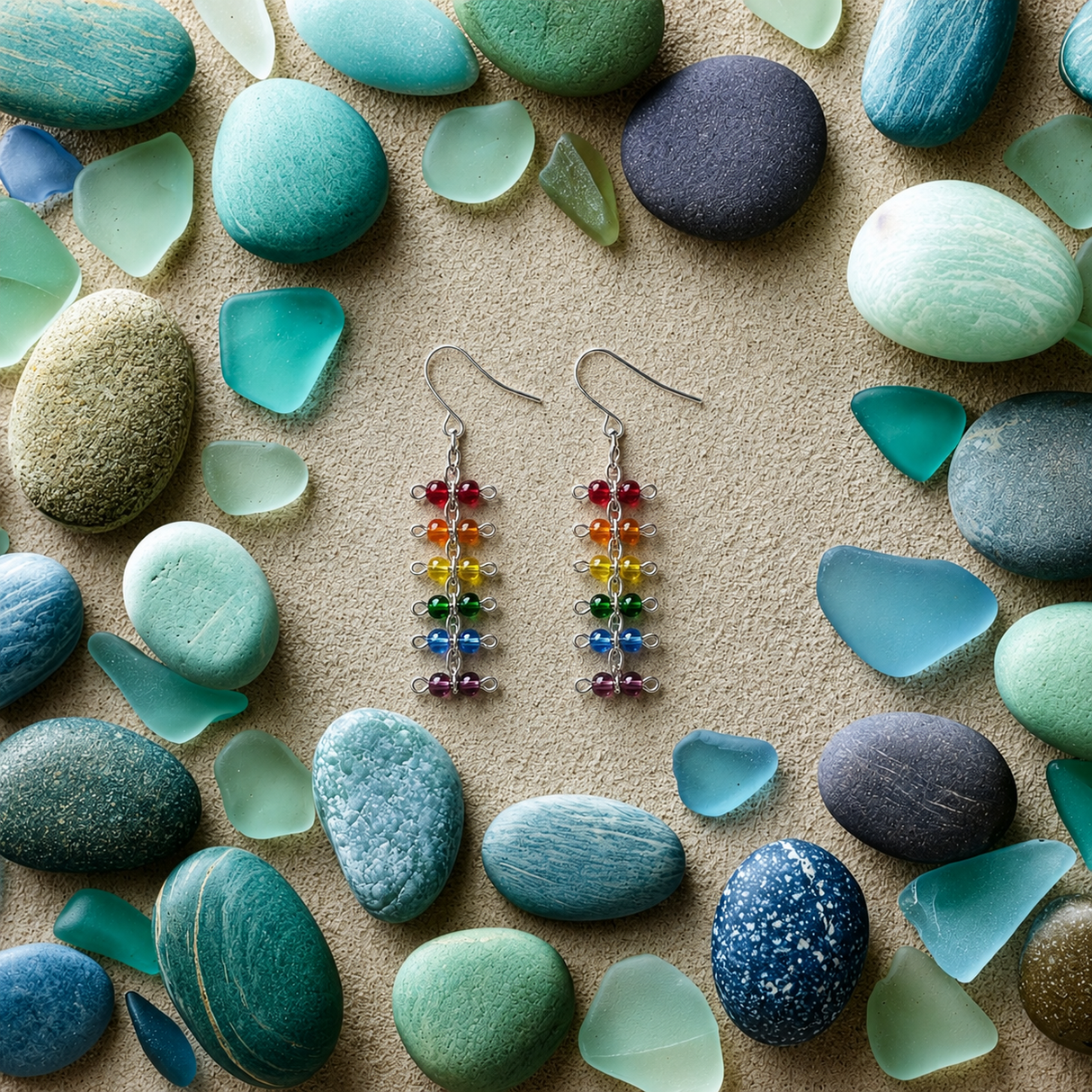 Contemporary Artisan Pride Rainbow Glass Bead Barbell Chain Earrings, 2"