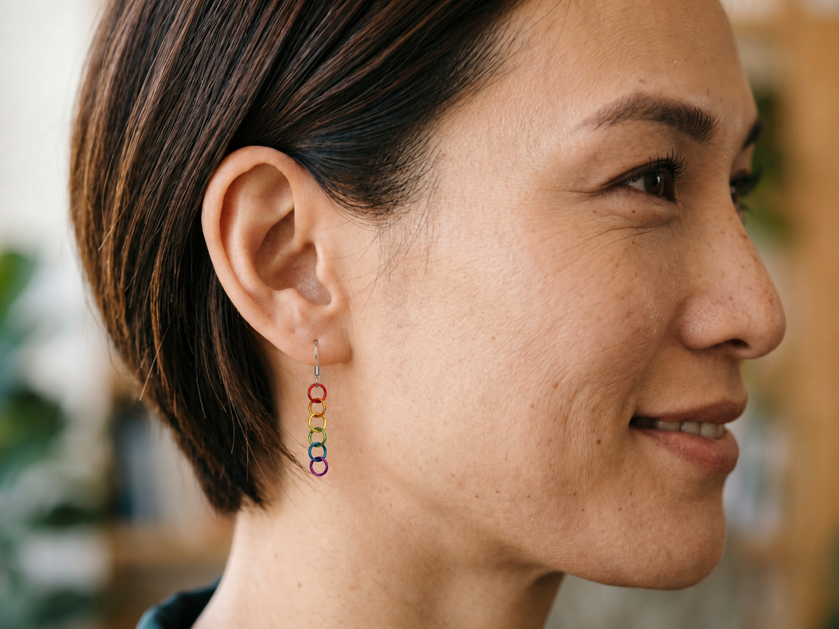 Handmade Boho Pride Earrings: Rainbow Rings Earrings on Hypoallergenic Ear Wires