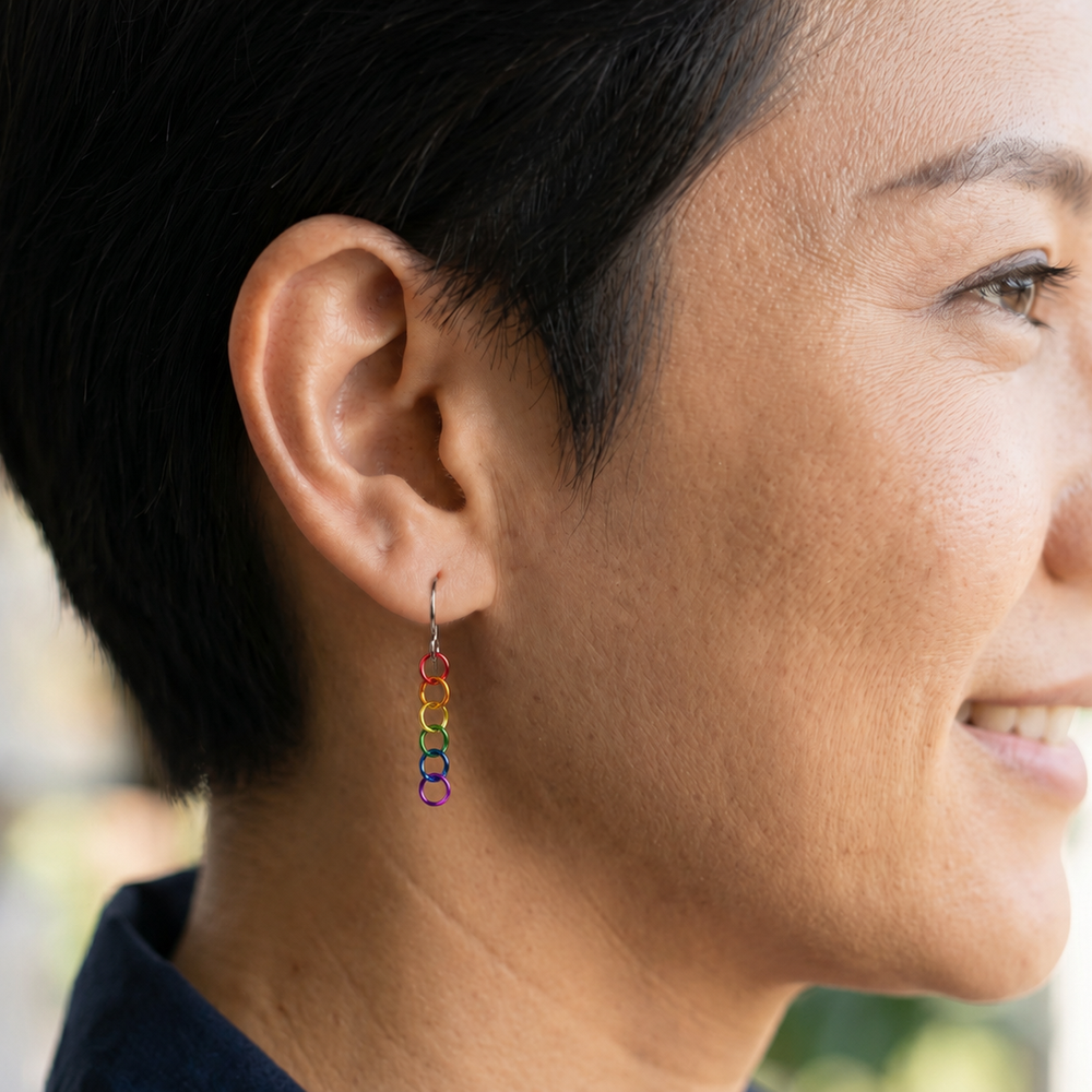 Contemporary Artisan Earrings: Pride Rainbow Rings on Hypoallergenic Niobium Wires