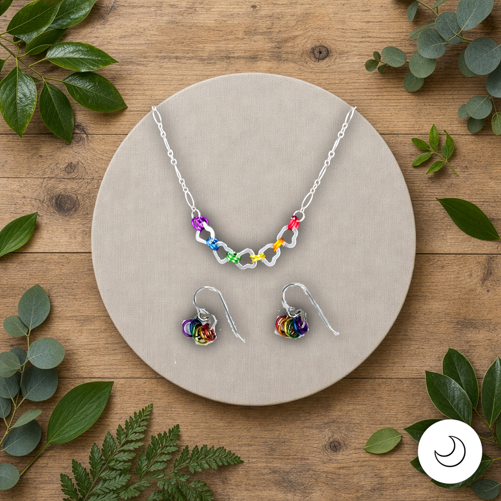 Contemporary Artisan Boho Pride Rainbow Sterling Silver Necklace & Earring Set, 18 3/4"