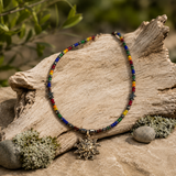Contemporary Artisan Boho Pride Rainbow Glass & Hematite Necklace, 20"