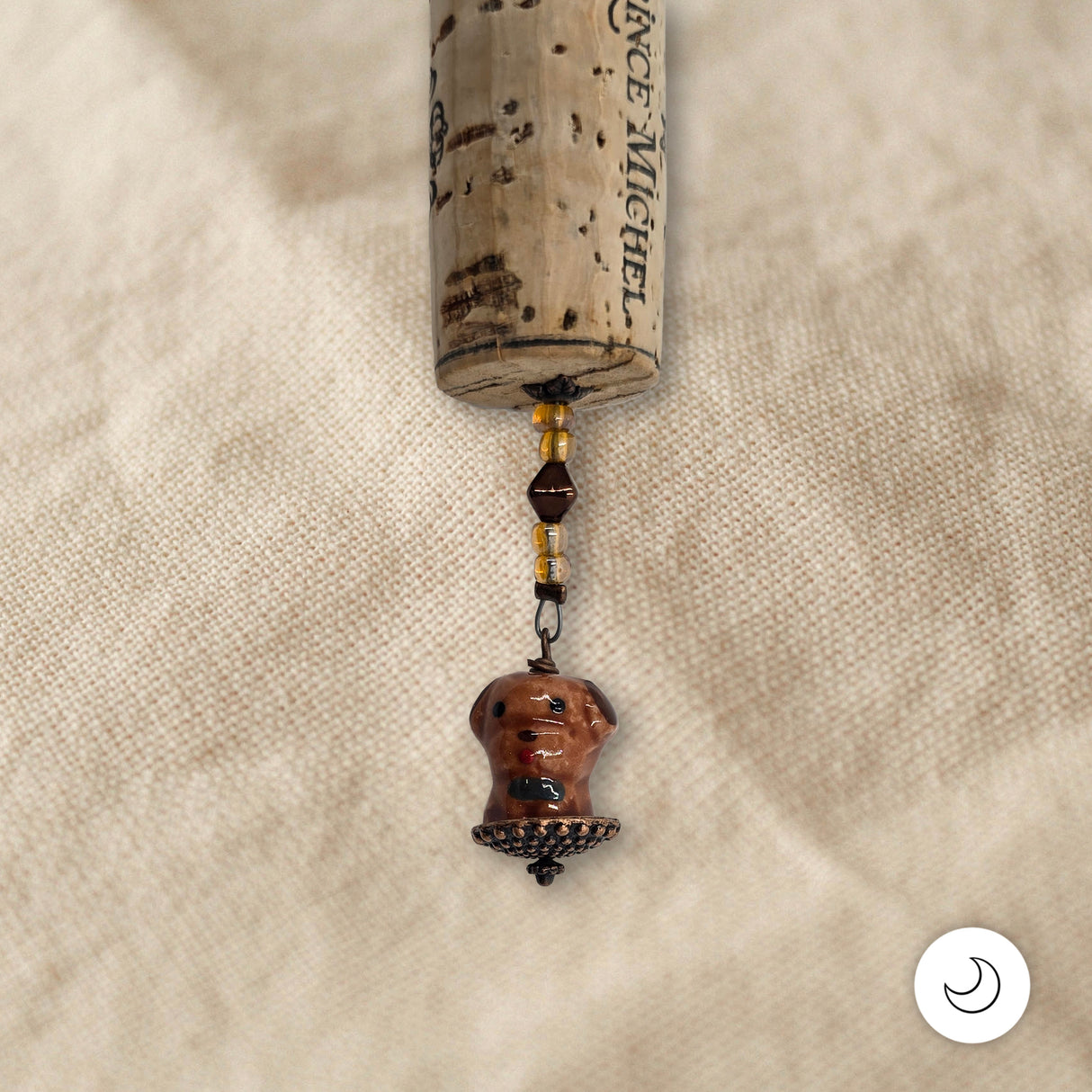 Contemporary Artisan Ceramic Puppy and Wine Cork Fan Pull Chain, 17 3/4"