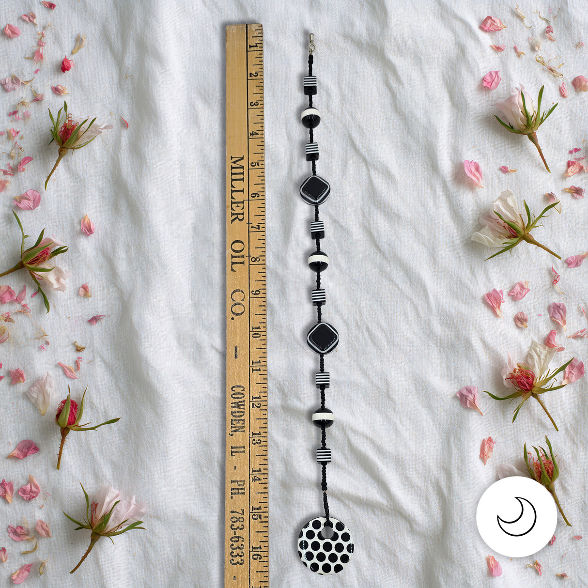 Contemporary Artisan Black & White Polka Dot Geometric Fan Pull, 16 1/2"