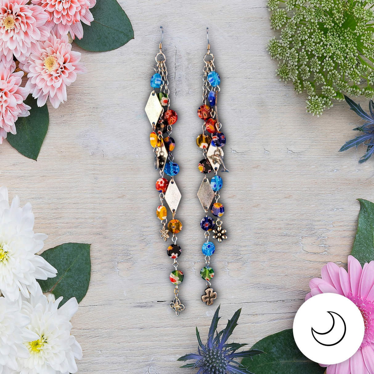 Contemporary Artisan Long Murano Style Glass Stainless Steel Earrings, 6"