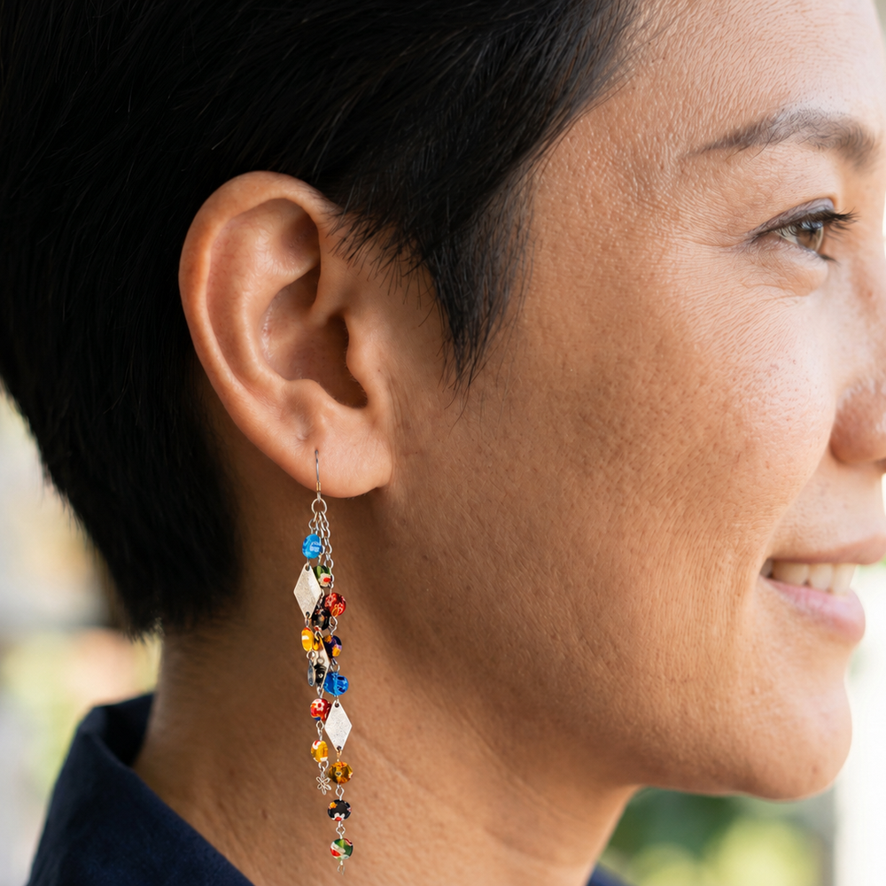Contemporary Artisan Long Murano Style Glass Stainless Steel Earrings, 6"