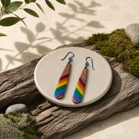 Teardrop-shaped wooden earrings with diagonal stripes of pride colors and steel blue hypoallergenic ear on a round cream colored surface surrounded by wood, sand, and greenery.