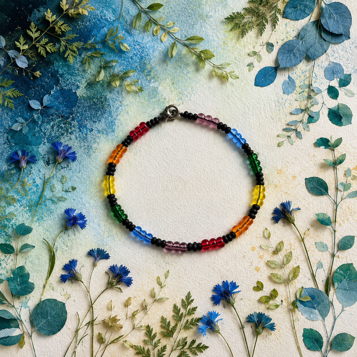 Contemporary Artisan Boho Pride Rainbow Glass Beaded Bracelet, 7 3/8 Inches