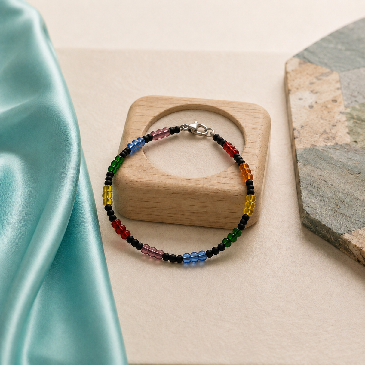 Contemporary Artisan Boho Pride Rainbow Glass Beaded Bracelet, 7 3/8 Inches