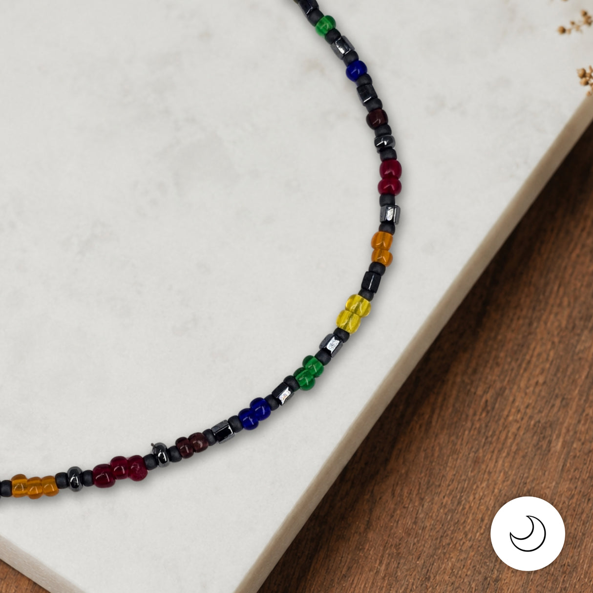 Contemporary Artisan Boho Pride Rainbow Glass & Hematite Anklet, 11 1/2 Inches