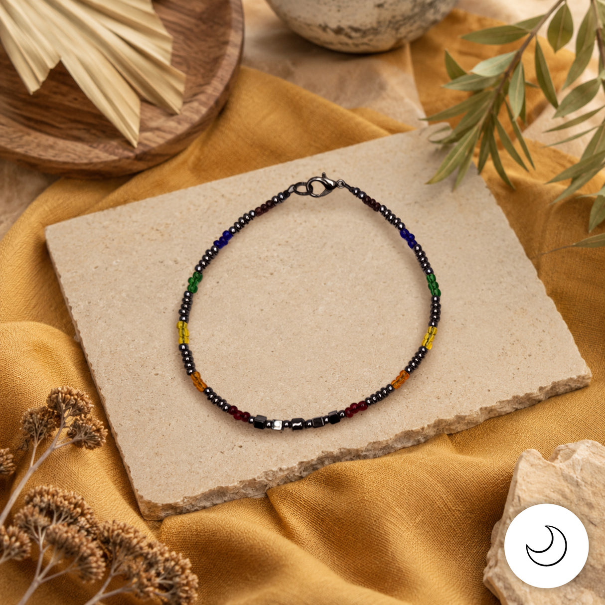Contemporary Artisan Boho Pride Rainbow Glass & Hematite Bracelet, 9 Inches