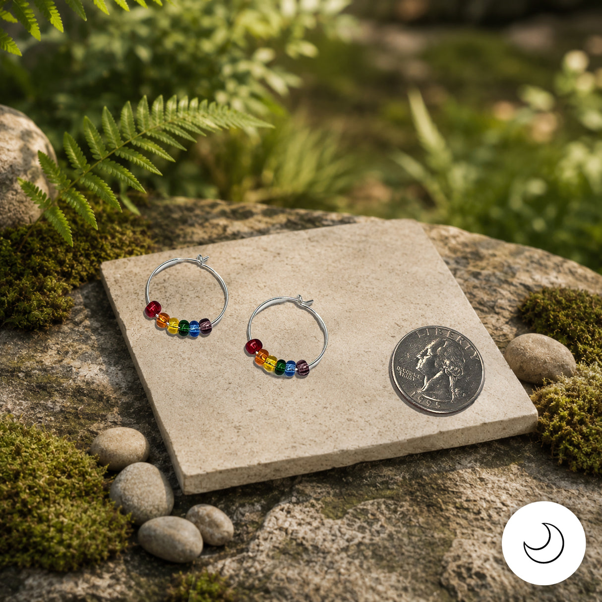 Contemporary Artisan Boho Pride Rainbow Glass Sterling Silver Hoop Earrings