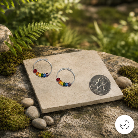 Contemporary Artisan Boho Pride Rainbow Glass Sterling Silver Hoop Earrings