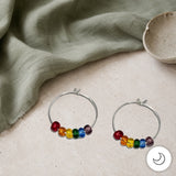 Contemporary Artisan Boho Pride Rainbow Glass Sterling Silver Hoop Earrings
