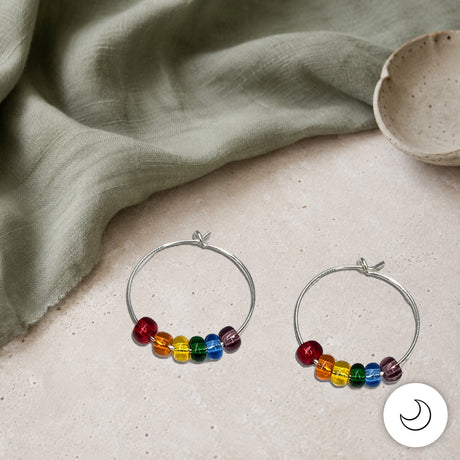 Contemporary Artisan Boho Pride Rainbow Glass Sterling Silver Hoop Earrings