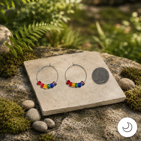 Contemporary Artisan Boho Pride Rainbow Glass Stainless Steel Hoop Earrings, 1 1/4"