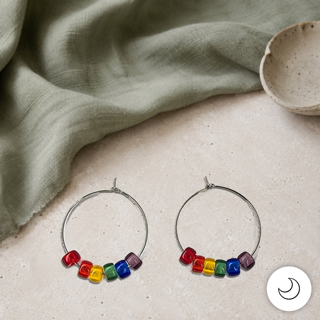 Contemporary Artisan Boho Pride Rainbow Glass Stainless Steel Hoop Earrings, 1 1/4"