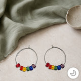 Contemporary Artisan Boho Pride Rainbow Glass Stainless Steel Hoop Earrings, 1 1/4"