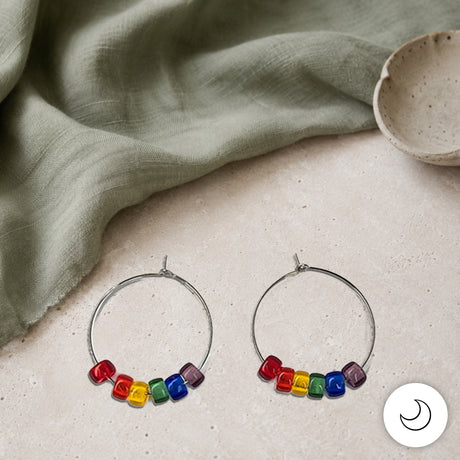 Contemporary Artisan Boho Pride Rainbow Glass Stainless Steel Hoop Earrings, 1 1/4"
