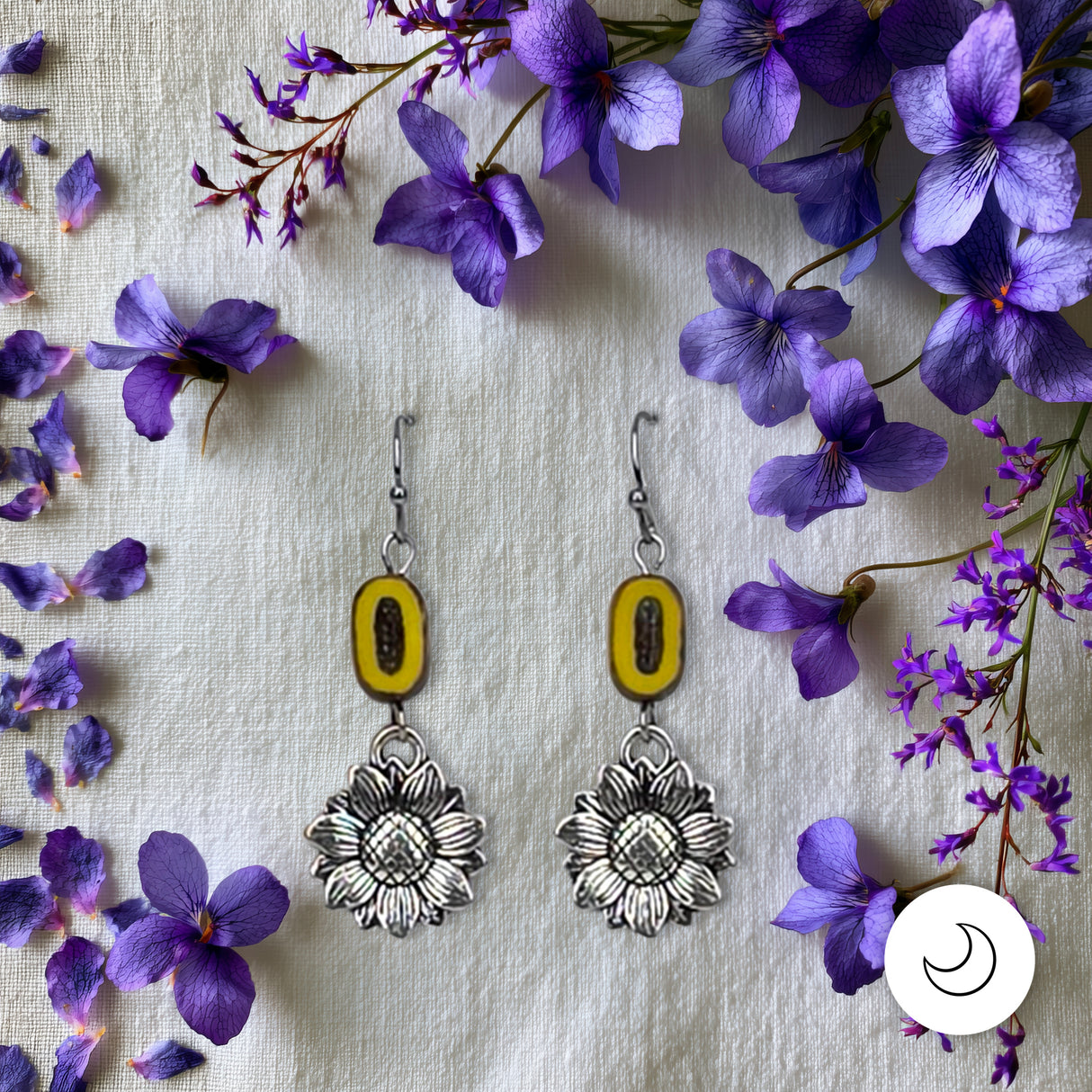 Contemporary Artisan Yellow Brown Picasso Glass Silver Daisy Drop Earrings, 1 1/2"