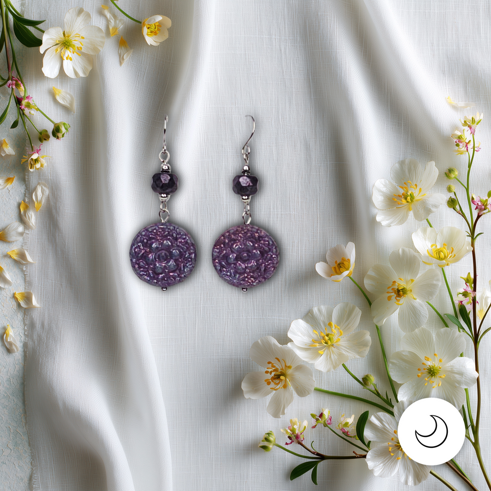 Contemporary Artisan Deep Purple Faceted Czech Glass Daisy Drop Earrings, 1 3/4"