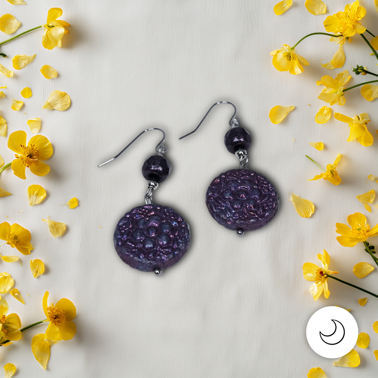 Contemporary Artisan Deep Purple Faceted Czech Glass Daisy Drop Earrings, 1 3/4"