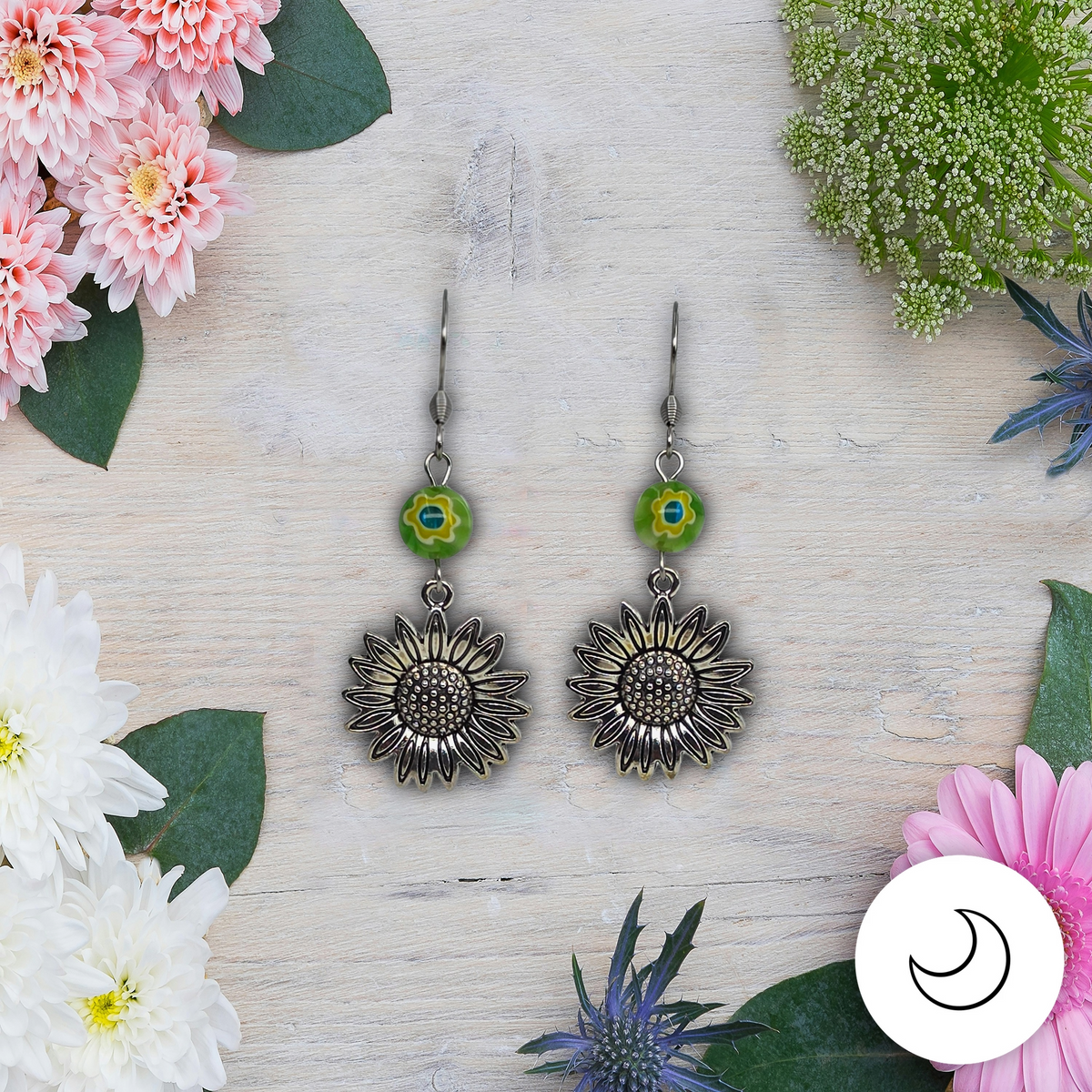 Contemporary Artisan Yellow Picasso Glass Silver Daisy Drop Earrings, 2"